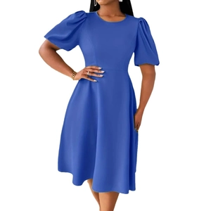 Elegant royal blue A-line dress with round neck and puff sleeves for a stylish look