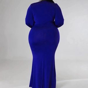 Robe sirène élégante bleu roi à manches longues et coupe ajustée extensible pour femme