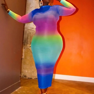 Robe Longue Grande Taille Femme Dégradé Arc-en-ciel en Maille Manches Longues Fourreau Col Montant Fermeture Éclair Élégante