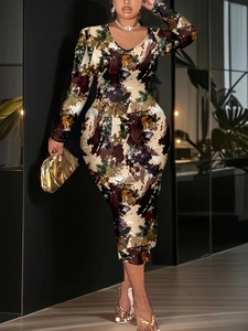 Women Plus Size Floral Leopard Print Long Sleeve V Neck Slim Fit Maxi Dress Elegant Sexy Bodycon Evening Party Long Dress