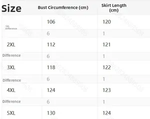 Size chart for plus size casual dress from 1XL to 5XL with bust and length in cm