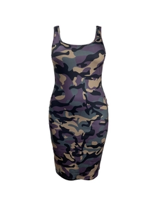 Robe moulante sans manches avec imprimé camouflage violet et vert et larges bretelles