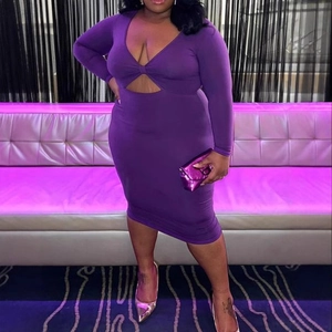 Robe Midi Moulante Sexy Violette à Manches Longues pour Femmes Grande Taille Col en V Profond Ajouré Nœud Froncé Soirée Club