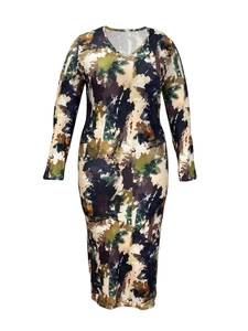 Detailed view of earth-tone floral print and V-neckline on long sleeve bodycon dress