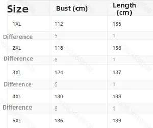 Size chart showing bust and length measurements for women plus size printed maxi dresses