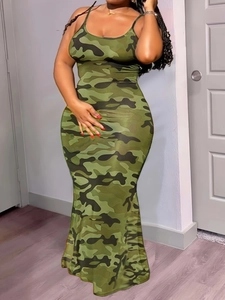 Close-up of camo print maxi dress featuring fine straps and a slim bodycon fit