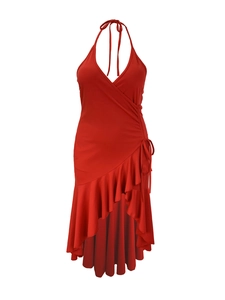 Detail of red halter dress featuring deep V-neck, ruched waist and ruffled high-low hemline