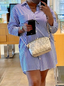 Women Plus Size Blue White Vertical Striped Shirt Dress Elegant Lapel Collar Long Sleeve Midi Dress Casual Office Wear Top