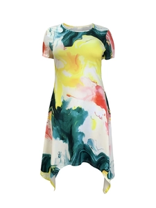 Women's summer short sleeve round neck dress with abstract watercolor print and irregular hem