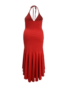 Detailed back view of dark red backless dress with elegant bow and flowy skirt