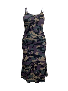 Detail of slim fit bodycon dress with purple and green camouflage pattern and spaghetti straps