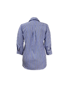 Classic blue and white striped long sleeve shirt for women featuring a pleated back detail