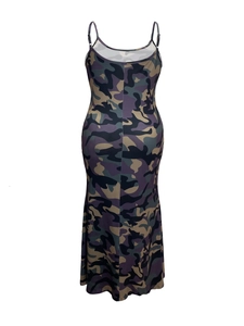 Detail of bodycon cami dress featuring a bold purple and olive camouflage pattern print