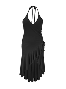 Detail of black halter dress with V-neck cross-over and side bow tie decoration