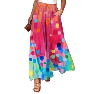 Detail of high waisted wide leg pants with colorful abstract graffiti oil painting print