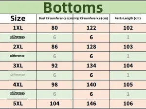Size chart for plus size casual loungewear set with detailed hip and length measurements