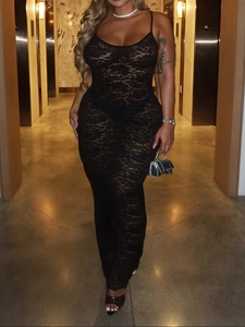 Women Plus Size Sexy Floral Lace Bodycon Maxi Dress Elegant Camisole Sleeveless See Through Party Evening Long Dress
