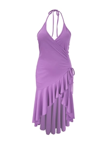 Detail of lavender halter dress featuring ruffled asymmetrical hem and waist drawstring