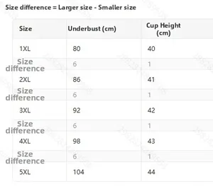 Tableau des tailles détaillé pour soutien-gorge de sport, tailles 1XL à 5XL