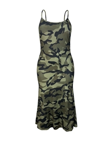 Detail of the camouflage print texture and slim fit stitching on a strappy midi dress
