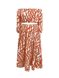 Detail of white two-piece set with orange abstract prints and ruffled skirt hem