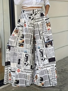 Pantalones de Pierna Ancha para Mujer Tallas Grandes con Estampado de Periódico Cintura Alta Sueltos Rectos Pantalones Casuales