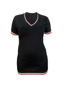 Slim fit V-neck dress in black with athletic red and white striped ribbed trim detailing