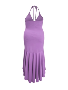 Detailed back view of a purple halter dress featuring an open back and ruffled fishtail hem