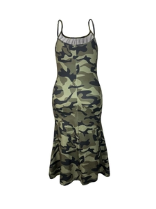 Detail of bodycon cami dress featuring a classic camouflage pattern and thin straps