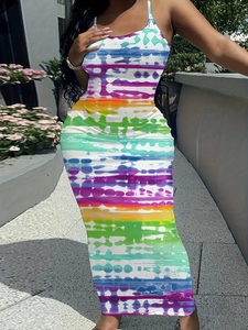 Plus Size Women Spaghetti Strap Bodycon Maxi Dress Sexy Geometric Tie Dye Rainbow Print Summer Long Evening Club Dress