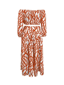 Close-up of elegant off-shoulder long sleeve crop top with orange geometric line patterns