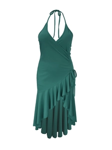 Detail of teal halter neck dress featuring ruffled hem and side tie waist design