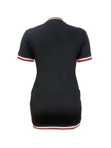 Back view of black slim fit mini dress with red and white striped ribbed trim and V-neck