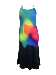 Detail of vibrant gradient print on slim-fit midi dress with thin shoulder straps