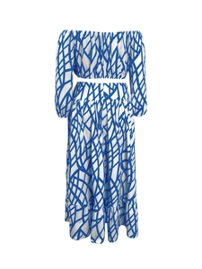 Back view of elegant blue and white geometric print off-shoulder top and maxi skirt set