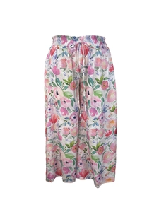 Detail of floral watercolor print wide-leg trousers with elastic drawstring waist