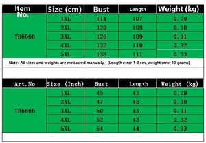 Detailed size chart for plus size V-neck printed dress with measurements in cm and inches