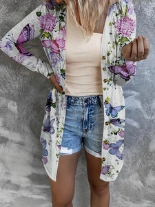 Plus Size Women Butterfly Floral Print Long Sleeve Cardigan Spandex Loose Lapel Single Breasted Top For Casual Daily Wear