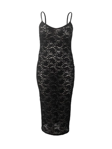 Sleeveless black floral lace midi dress with slim fit and elegant V-neckline design