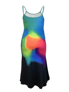 Detailed close-up of vibrant thermal print pattern on a sleek bodycon camisole dress