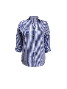 Classic blue and white striped long sleeve shirt for women with unique chest pocket