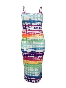Detail of slim strap bodycon midi dress with vibrant rainbow tie-dye print pattern