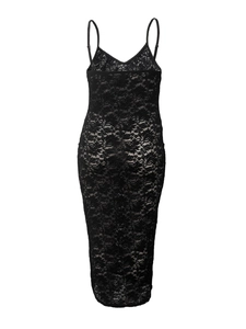 Elegant black lace midi slip dress with spaghetti straps and floral pattern on white background