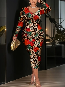 Elegant leopard and rose print slim-fit long sleeve midi dress for women