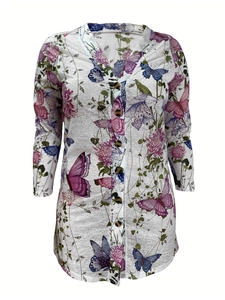 Women's V-neck long sleeve floral and butterfly print button-down shirt in white