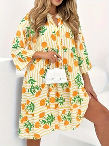 Plus Size Women V-Neck Floral Striped Print Tiered A-Line Midi Dress Long Trumpet Sleeve Button Up Casual Vacation Dress