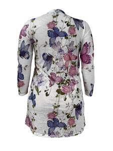 Women's floral and butterfly print long sleeve crewneck top in breathable white fabric