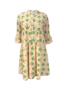 Detail view of floral print V-neck maxi dress with tiered skirt and ruffled sleeves