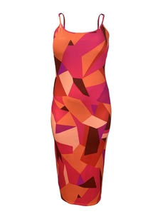 Detail of colorful geometric abstract print on women's bodycon spaghetti strap midi dress