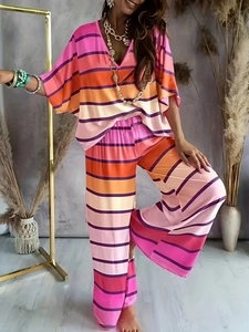 Damen Übergröße Oberteil Und Unterteil Horizontale Streifen Druck V-Ausschnitt Fledermausärmel Lässig Bohemian Outfit